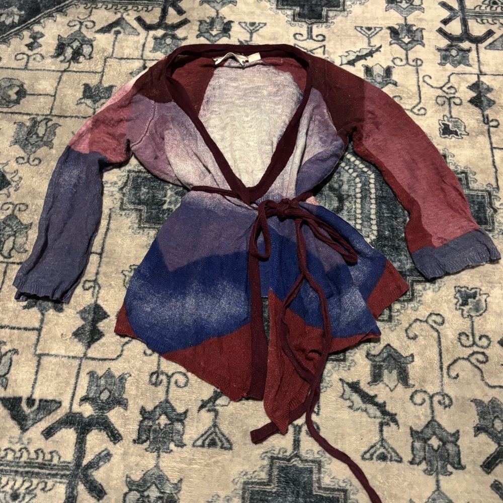 VIOLIA COLOR-BLOCK GRADIENT PUPLE, PINK & WHITE TIE ELBOW SLEEVE LIGHT CARDIGAN